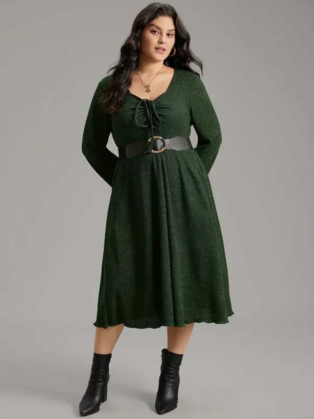 BloomChic Green Textured Dress Size 30 6X Long Sleeve V Neck Tie Front Pockets